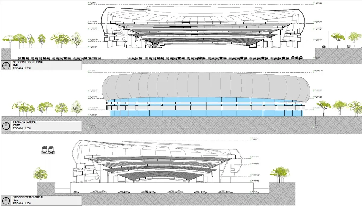 Arena Medellín — secciones del diseño (cortes longitudinal, fachada y transversal)